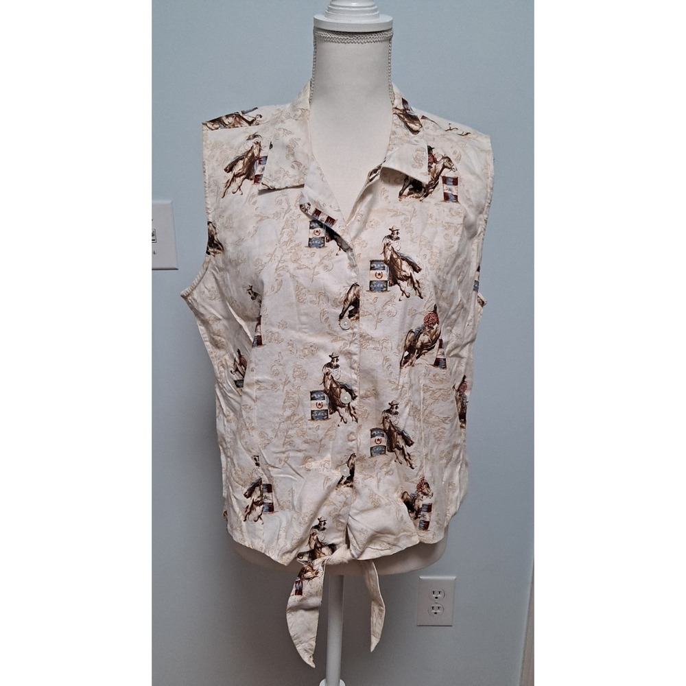 XL Bit & Bridle Sleeveless Button Up Western Barrel Racing Waist Tie Top